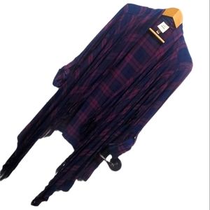 Waterfall Cardigan Purple and Navy Plaid Fringe 3/4 Sleeve XL